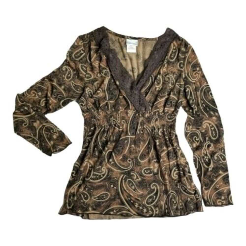FASHION BUG Paisley V Neck Peasant Top Womens Sz M Boho Brown Long Sleeve - Picture 3 of 12